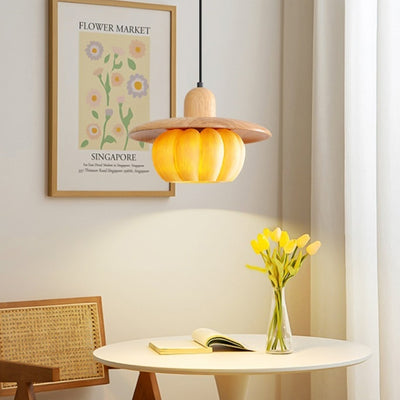 Contemporary Creative Disc Pumpkin Shape Wood Resin Shade 1-Light Pendant Light For Living Room