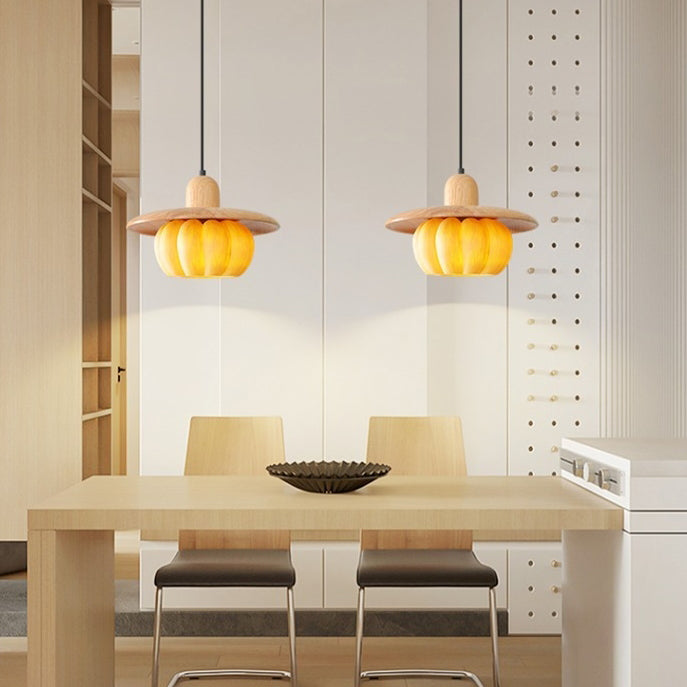 Contemporary Creative Disc Pumpkin Shape Wood Resin Shade 1-Light Pendant Light For Living Room