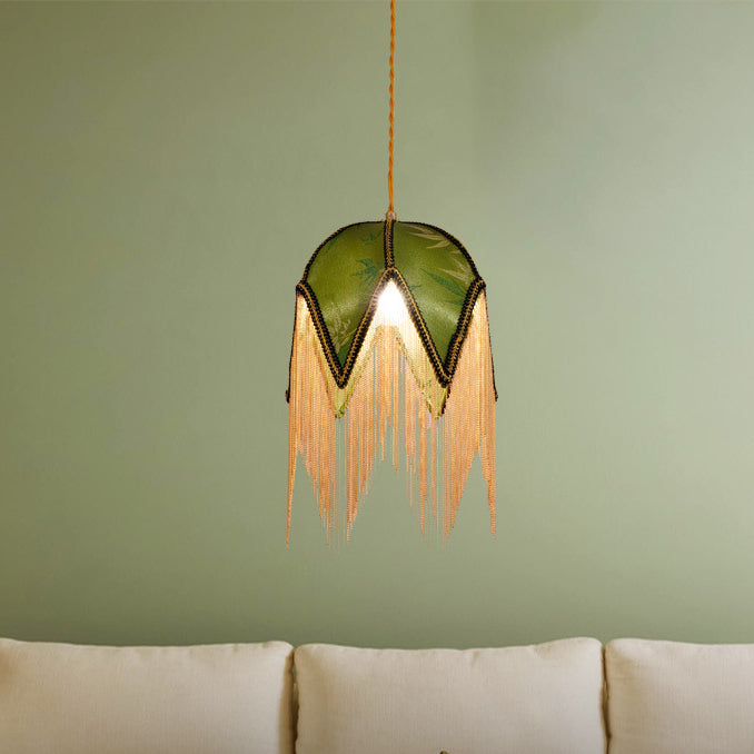 Contemporary Retro Leaf Umbrella Shape Tassel Iron Fabric 1-Light Pendant Light For Living Room