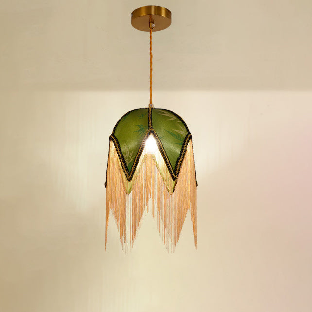 Contemporary Retro Leaf Umbrella Shape Tassel Iron Fabric 1-Light Pendant Light For Living Room