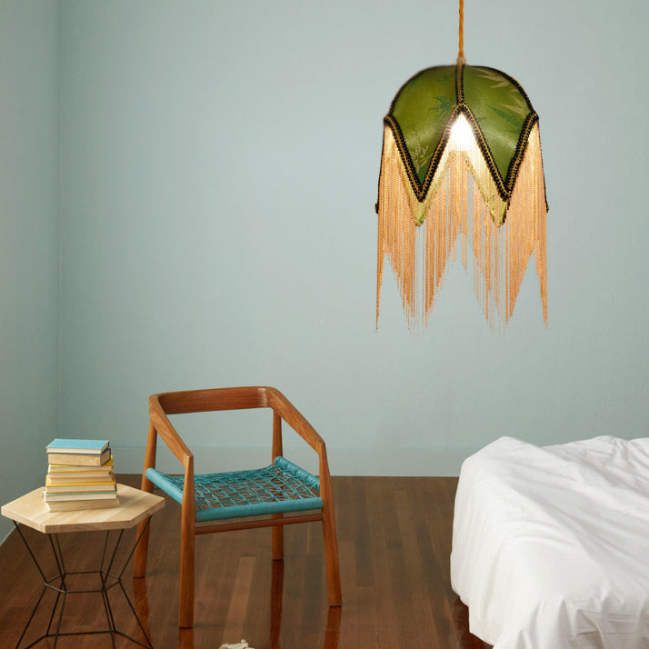 Contemporary Retro Leaf Umbrella Shape Tassel Iron Fabric 1-Light Pendant Light For Living Room