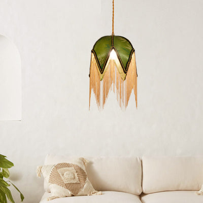 Contemporary Retro Leaf Umbrella Shape Tassel Iron Fabric 1-Light Pendant Light For Living Room