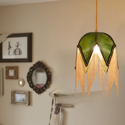 Contemporary Retro Leaf Umbrella Shape Tassel Iron Fabric 1-Light Pendant Light For Living Room