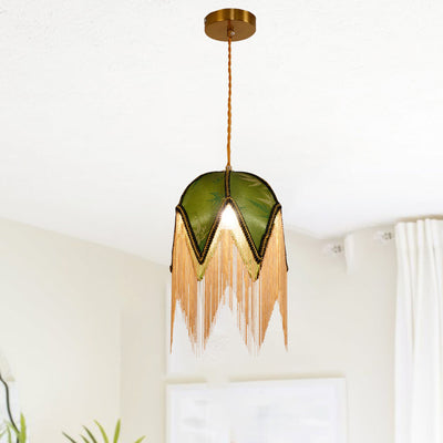 Contemporary Retro Leaf Umbrella Shape Tassel Iron Fabric 1-Light Pendant Light For Living Room