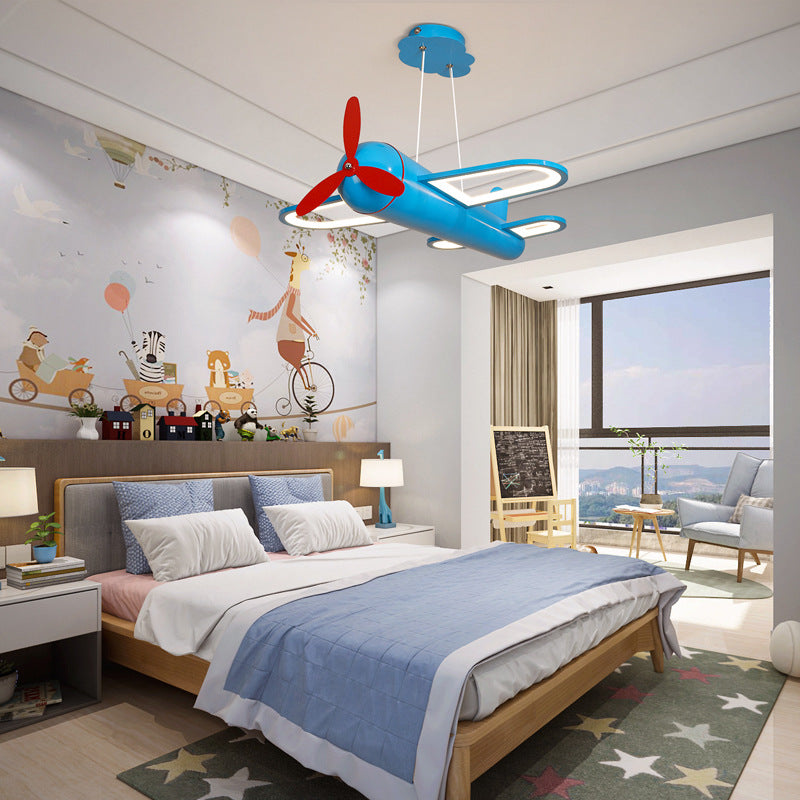 Contemporary Creative Kids Airplane Iron Acrylic LED Chandelier For Bedroom