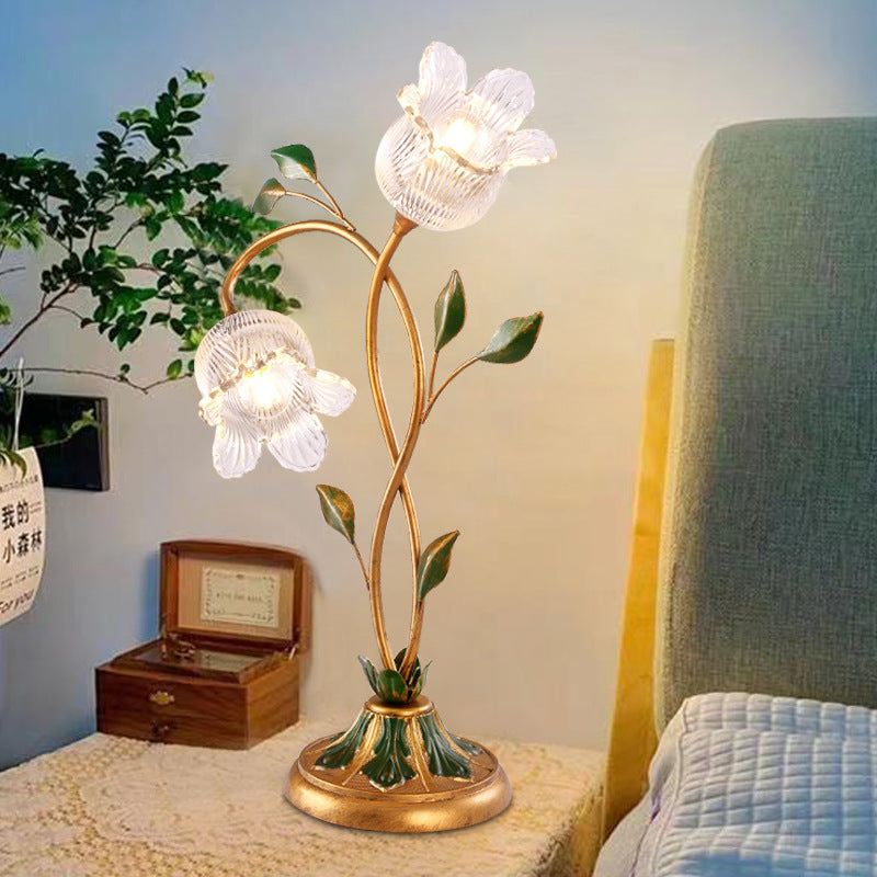 Contemporary Creative Flower Leaf Shape Iron Crystal Glass Shade 1/2 Light Table Lamp For Bedroom