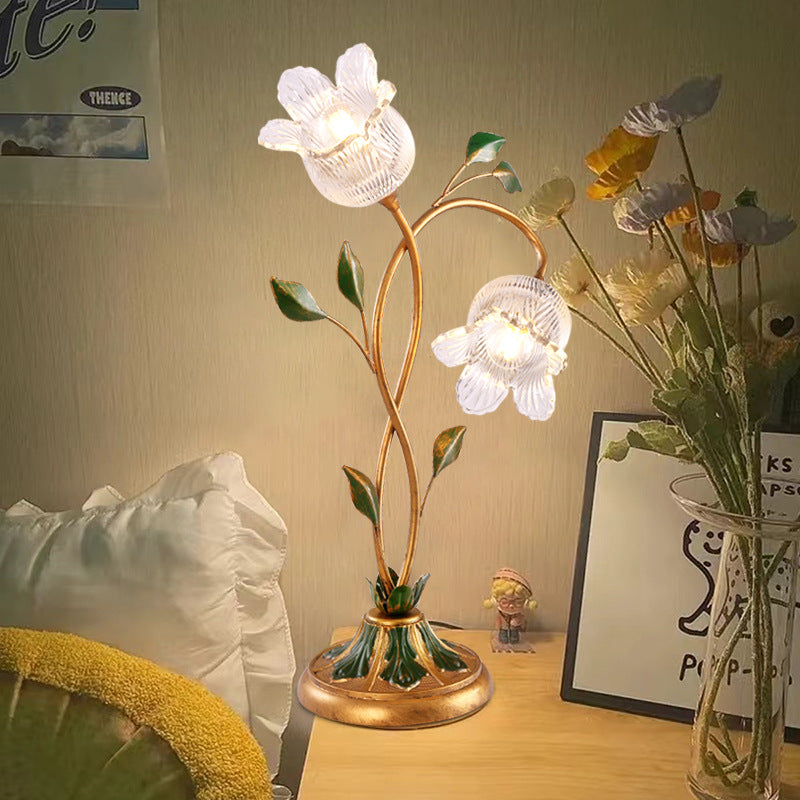 Contemporary Creative Flower Leaf Shape Iron Crystal Glass Shade 1/2 Light Table Lamp For Bedroom