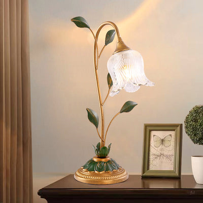 Contemporary Creative Flower Leaf Shape Iron Crystal Glass Shade 1/2 Light Table Lamp For Bedroom