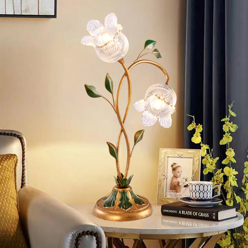 Contemporary Creative Flower Leaf Shape Iron Crystal Glass Shade 1/2 Light Table Lamp For Bedroom