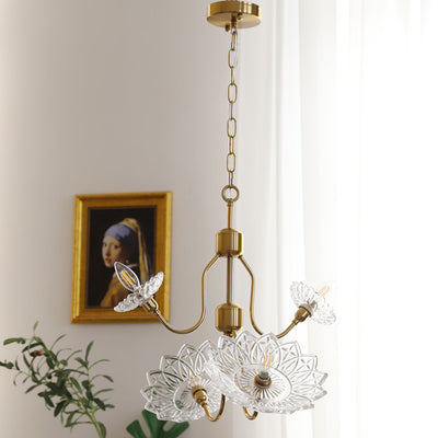 Traditional French Branch Flower Iron Frame Glass Shade 4/6 Light Chandelier For Living Room