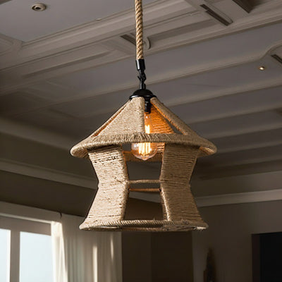 Traditional Rustic House Cone Granary Shape Iron Hemp Rope 1-Light Pendant Light For Living Room