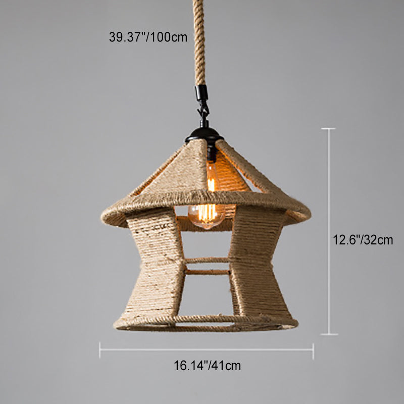 Traditional Rustic House Cone Granary Shape Iron Hemp Rope 1-Light Pendant Light For Living Room