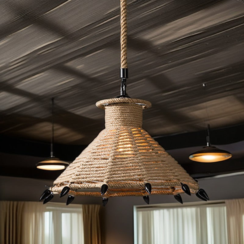 Traditional Rustic House Cone Granary Shape Iron Hemp Rope 1-Light Pendant Light For Living Room