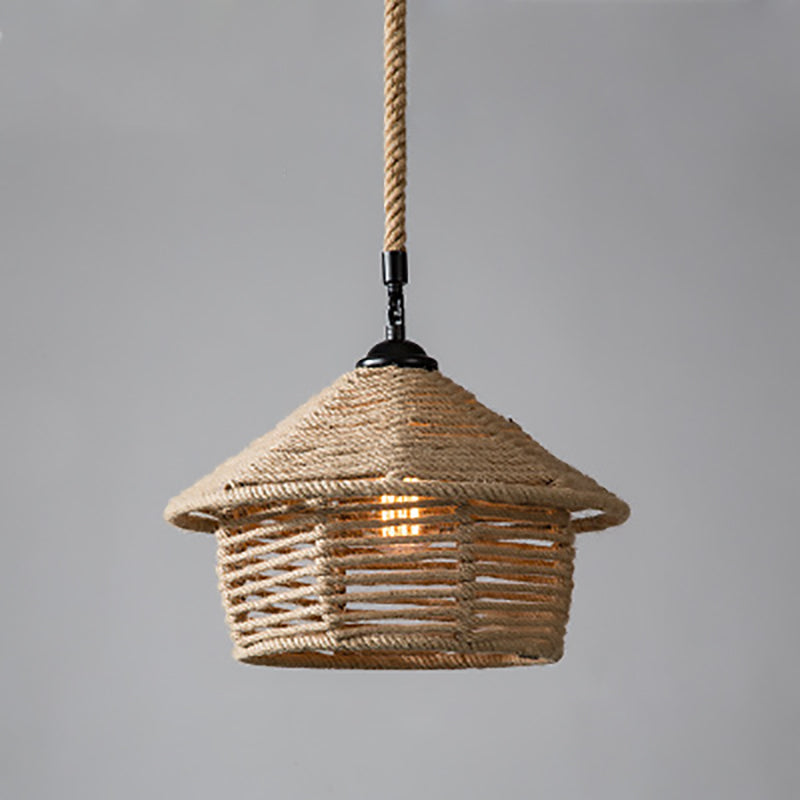 Traditional Rustic House Cone Granary Shape Iron Hemp Rope 1-Light Pendant Light For Living Room