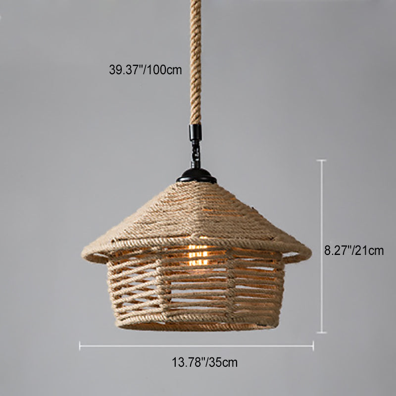 Traditional Rustic House Cone Granary Shape Iron Hemp Rope 1-Light Pendant Light For Living Room