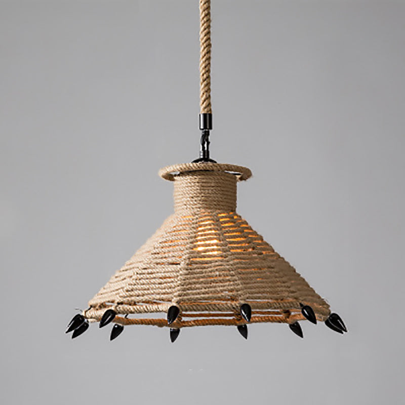 Traditional Rustic House Cone Granary Shape Iron Hemp Rope 1-Light Pendant Light For Living Room