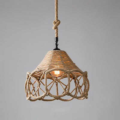 Traditional Rustic House Cone Granary Shape Iron Hemp Rope 1-Light Pendant Light For Living Room