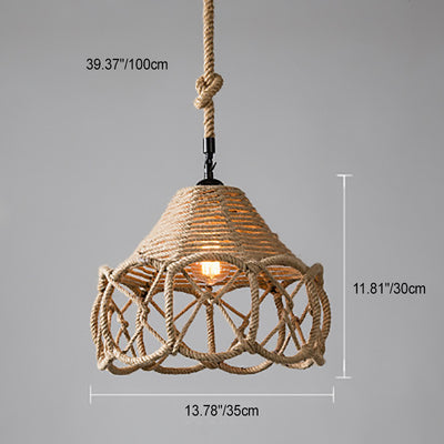 Traditional Rustic House Cone Granary Shape Iron Hemp Rope 1-Light Pendant Light For Living Room