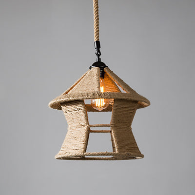 Traditional Rustic House Cone Granary Shape Iron Hemp Rope 1-Light Pendant Light For Living Room