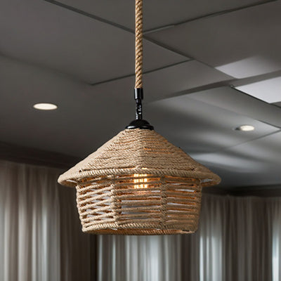 Traditional Rustic House Cone Granary Shape Iron Hemp Rope 1-Light Pendant Light For Living Room