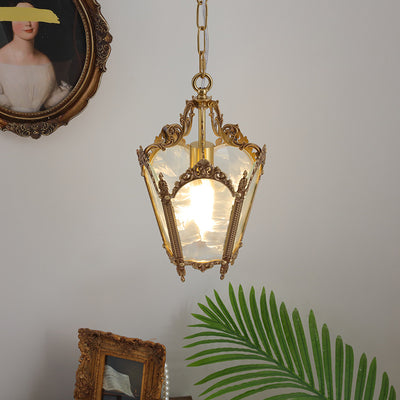 Traditional French Quadrilateral Lace Ice Glass Full Brass 1-Light Pendant Light For Living Room