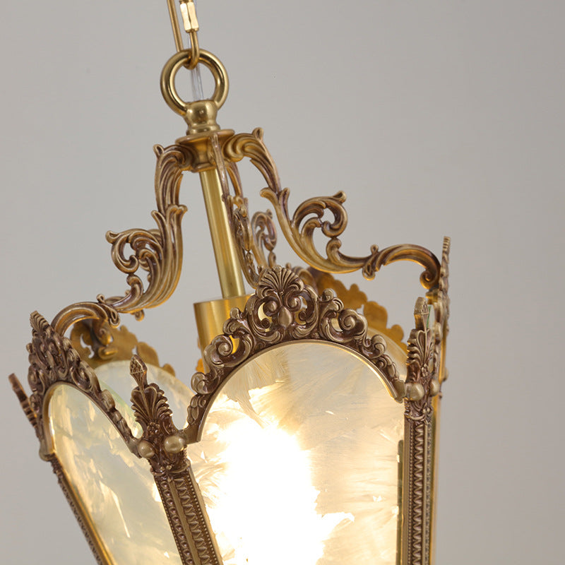 Traditional French Quadrilateral Lace Ice Glass Full Brass 1-Light Pendant Light For Living Room