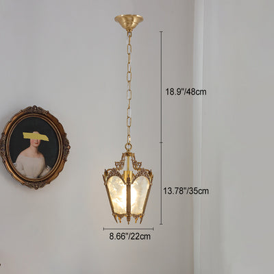 Traditional French Quadrilateral Lace Ice Glass Full Brass 1-Light Pendant Light For Living Room