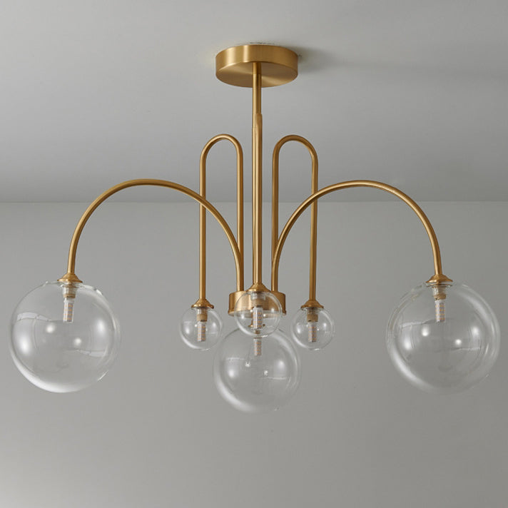 Contemporary Nordic Curved Rod Branch Orb Copper Glass 4/6/8 Light Chandelier For Living Room