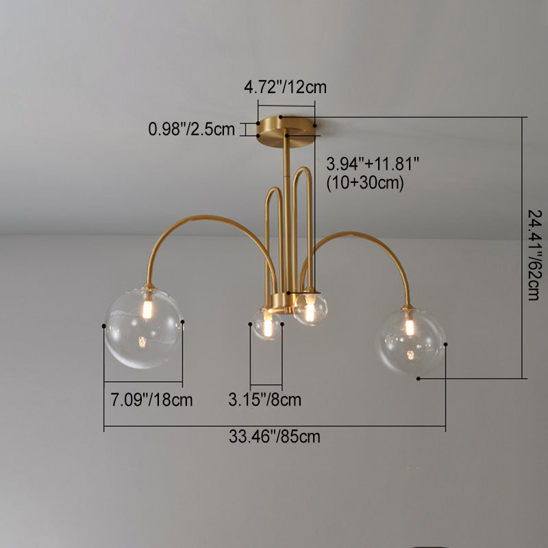 Contemporary Nordic Curved Rod Branch Orb Copper Glass 4/6/8 Light Chandelier For Living Room