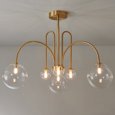 Contemporary Nordic Curved Rod Branch Orb Copper Glass 4/6/8 Light Chandelier For Living Room