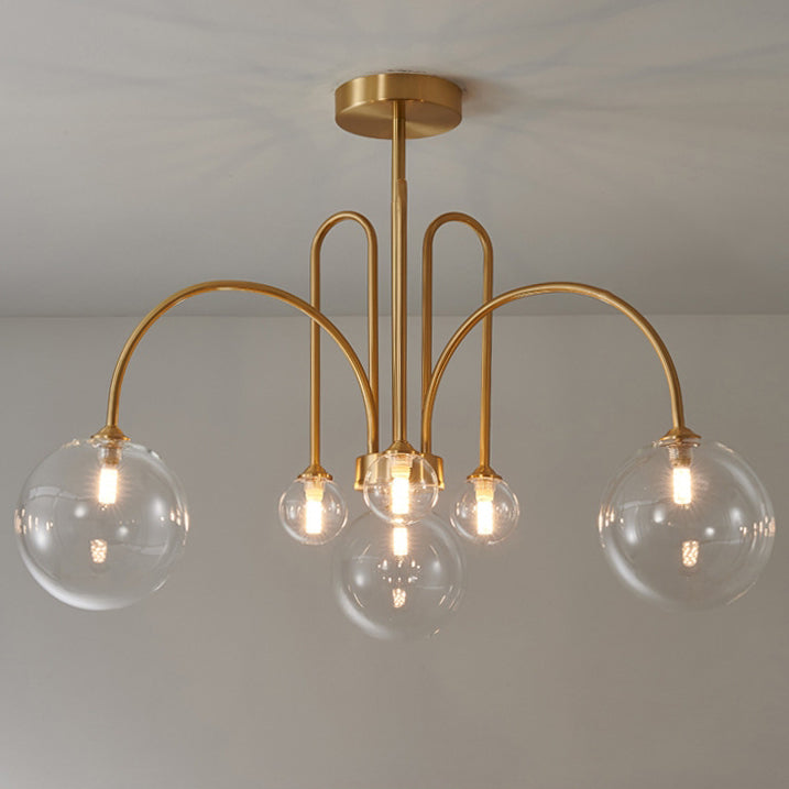 Contemporary Nordic Curved Rod Branch Orb Copper Glass 4/6/8 Light Chandelier For Living Room