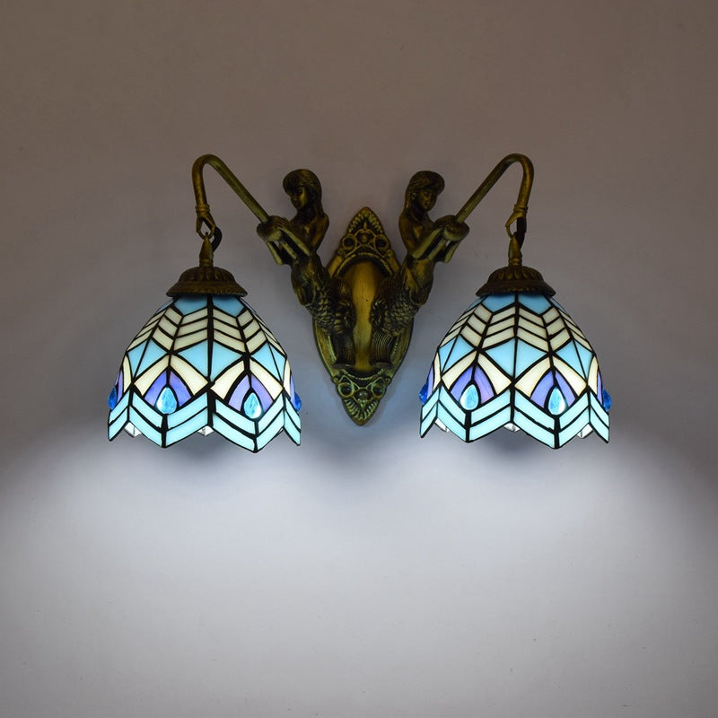 Traditional Tiffany Mediterranean Mermaid Resin Iron Stained Glass Shade 2-Light Wall Sconce Lamp For Living Room