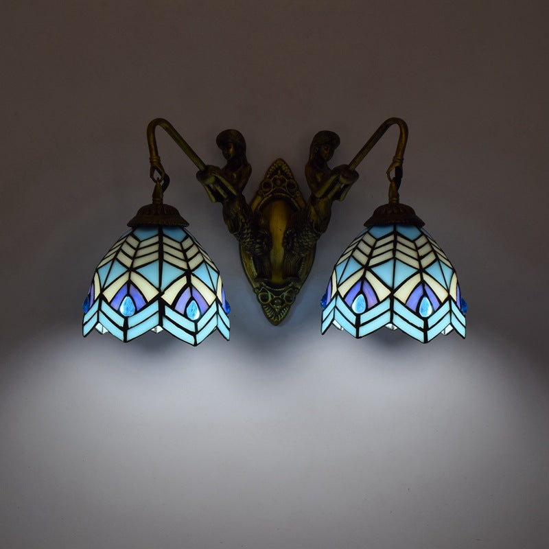 Traditional Tiffany Mediterranean Mermaid Resin Iron Stained Glass Shade 2-Light Wall Sconce Lamp For Living Room