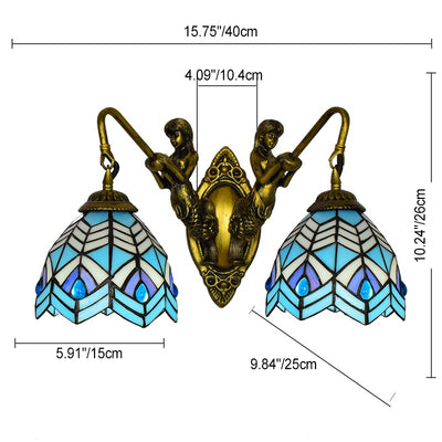 Traditional Tiffany Mediterranean Mermaid Resin Iron Stained Glass Shade 2-Light Wall Sconce Lamp For Living Room