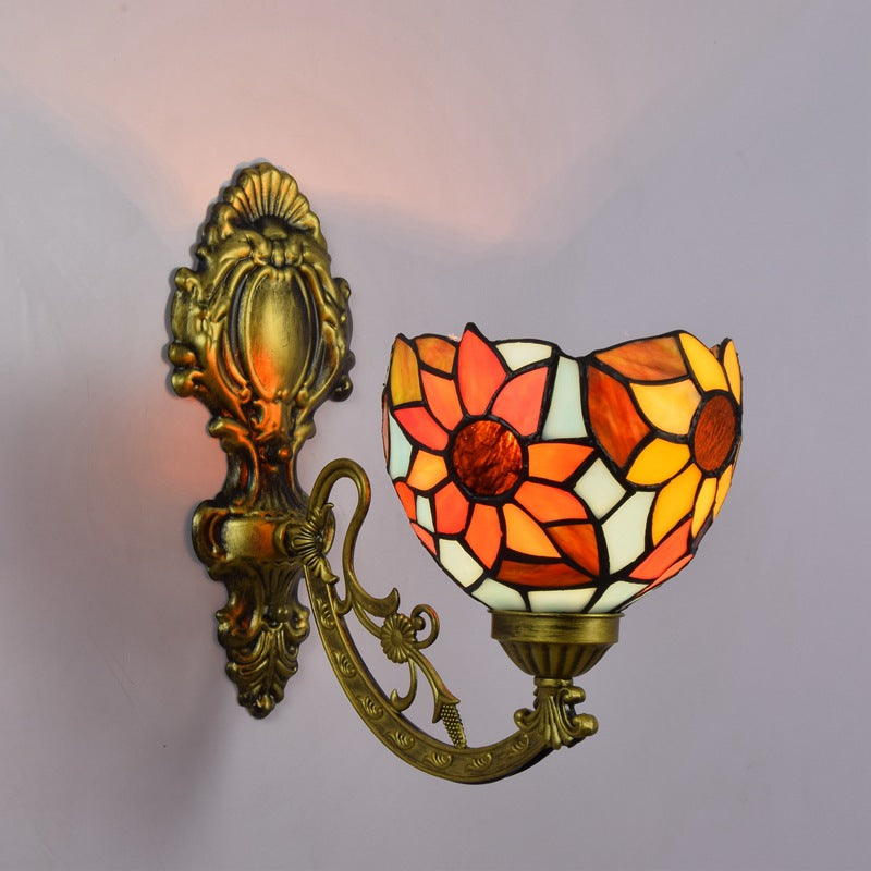 Traditional Tiffany Sunflower Dome Cone Carved Iron Stained Glass 1-Light Wall Sconce Lamp For Bedroom