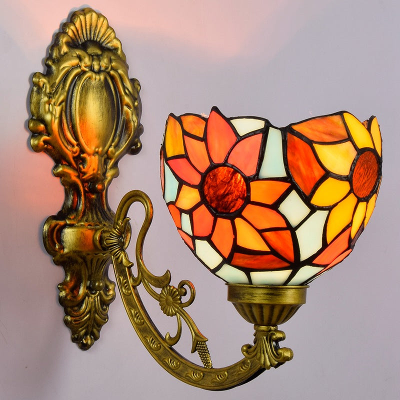 Traditional Tiffany Sunflower Dome Cone Carved Iron Stained Glass 1-Light Wall Sconce Lamp For Bedroom