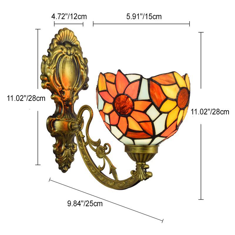 Traditional Tiffany Sunflower Dome Cone Carved Iron Stained Glass 1-Light Wall Sconce Lamp For Bedroom