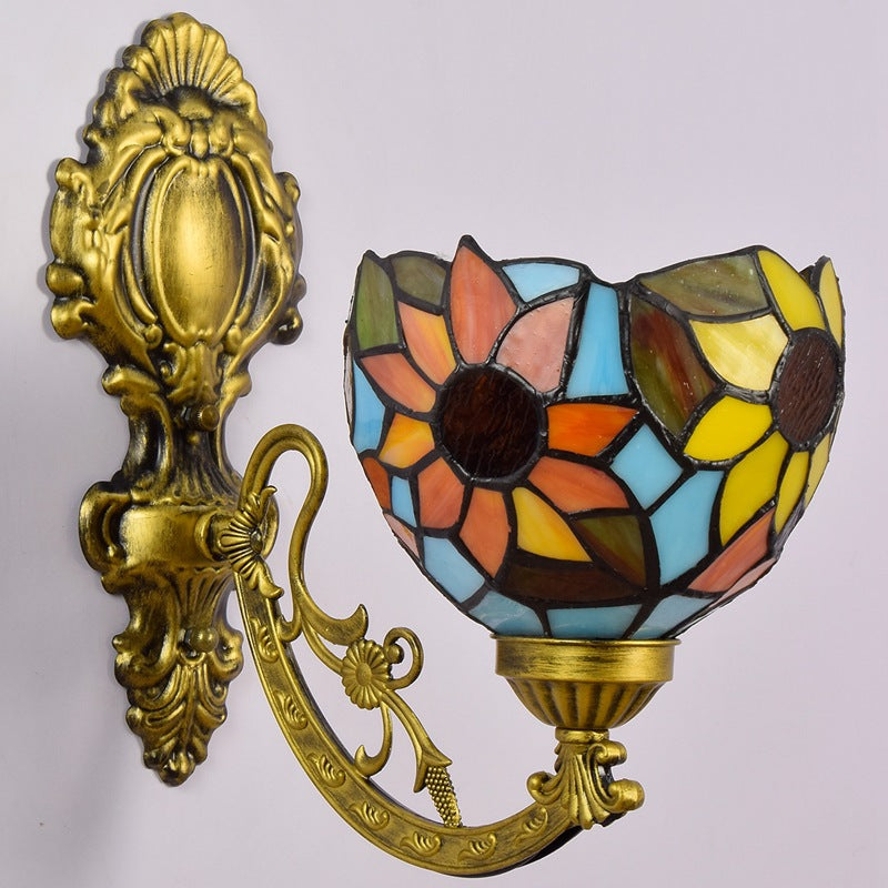 Traditional Tiffany Sunflower Dome Cone Carved Iron Stained Glass 1-Light Wall Sconce Lamp For Bedroom