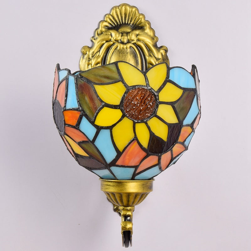 Traditional Tiffany Sunflower Dome Cone Carved Iron Stained Glass 1-Light Wall Sconce Lamp For Bedroom