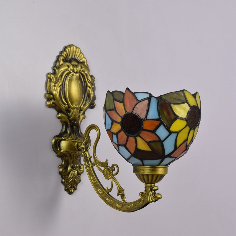 Traditional Tiffany Sunflower Dome Cone Carved Iron Stained Glass 1-Light Wall Sconce Lamp For Bedroom