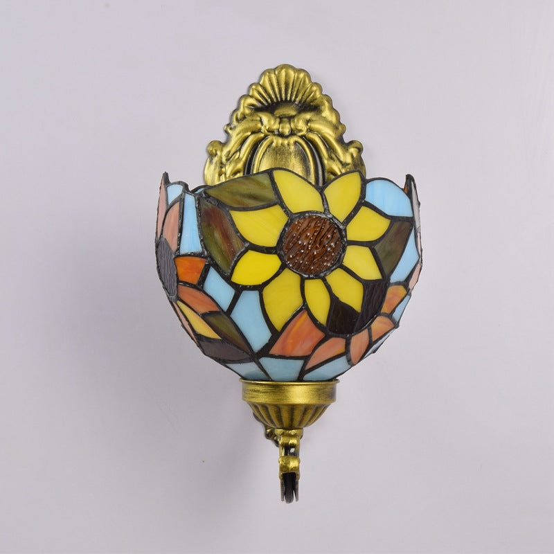 Traditional Tiffany Sunflower Dome Cone Carved Iron Stained Glass 1-Light Wall Sconce Lamp For Bedroom