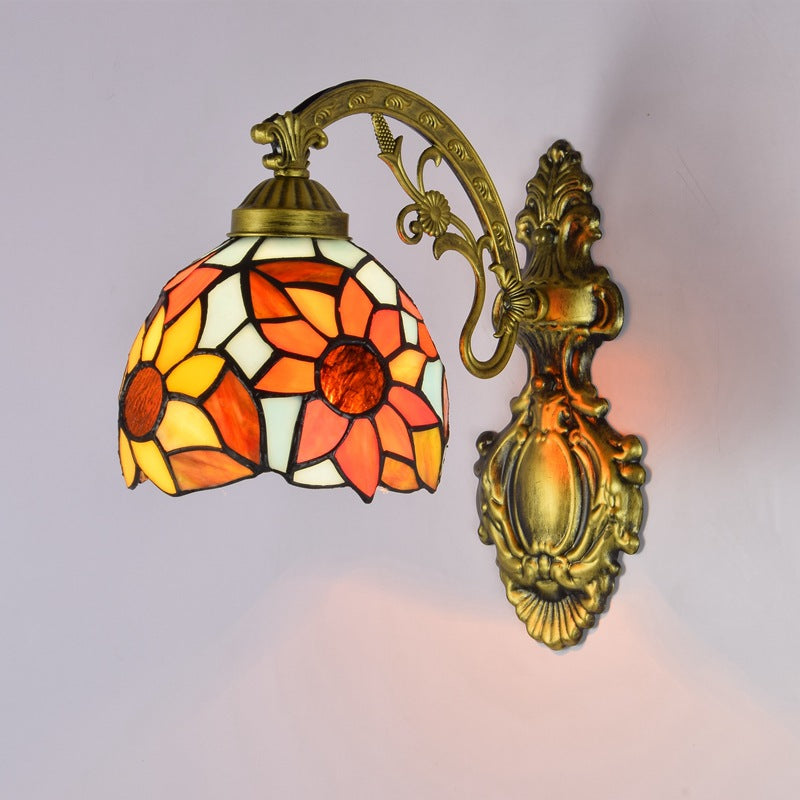 Traditional Tiffany Sunflower Dome Cone Carved Iron Stained Glass 1-Light Wall Sconce Lamp For Bedroom