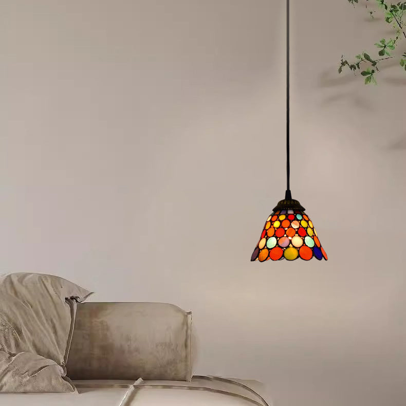 Traditional Tiffany Polka Dot Cone Iron Stained Glass 1-Light Pendant Light For Bedroom