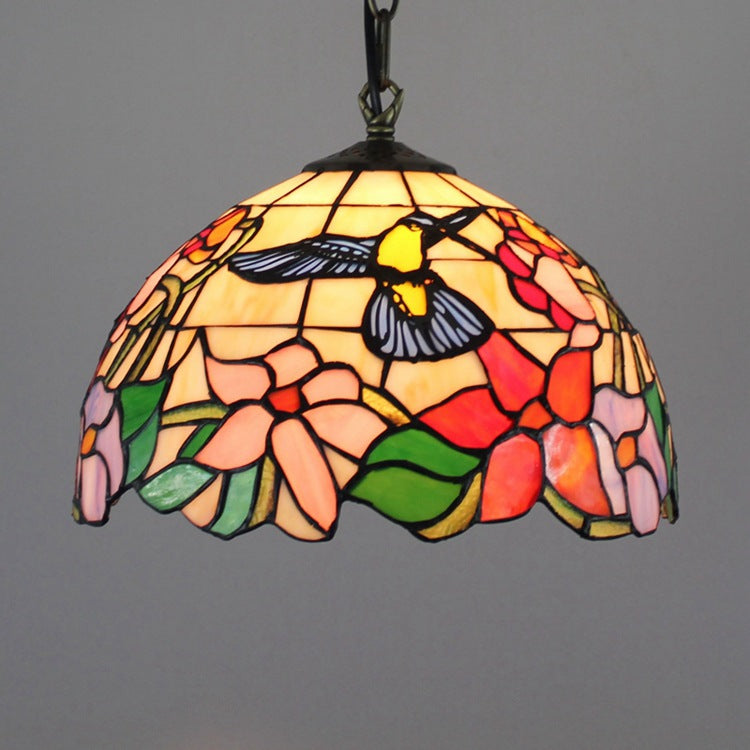 Traditional Tiffany Dome Flower Stained Glass Shade Iron 1-Light Pendant Light For Living Room