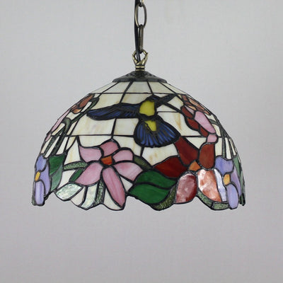 Traditional Tiffany Dome Flower Stained Glass Shade Iron 1-Light Pendant Light For Living Room