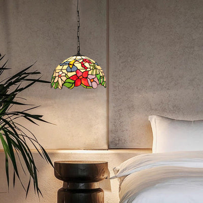 Traditional Tiffany Dome Flower Stained Glass Shade Iron 1-Light Pendant Light For Living Room