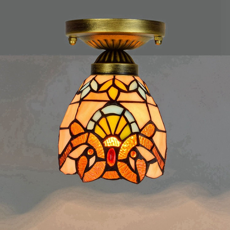 Traditional Tiffany Cone Flower Colored Glass Shade Iron 1-Light Semi-Flush Mount Ceiling Light For Living Room