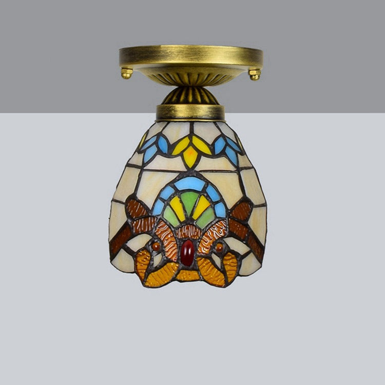 Traditional Tiffany Cone Flower Colored Glass Shade Iron 1-Light Semi-Flush Mount Ceiling Light For Living Room