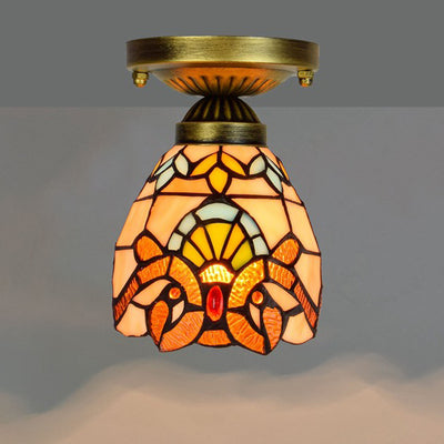 Traditional Tiffany Cone Flower Colored Glass Shade Iron 1-Light Semi-Flush Mount Ceiling Light For Living Room