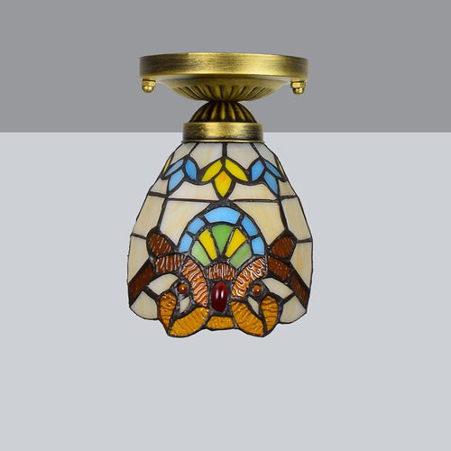 Traditional Tiffany Cone Flower Colored Glass Shade Iron 1-Light Semi-Flush Mount Ceiling Light For Living Room